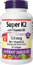 Webber Naturals Super-vitamiini K2 MK-7 120 mikrog D3-vitamiinilla, 90 Softgels, tukee luut, hampaat, ja sydän-ja verisuonijärjestelmä