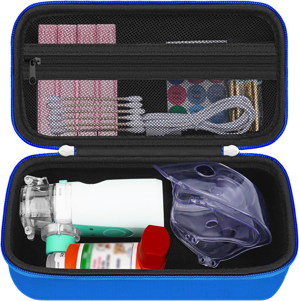 HESTECH Hard Travel Carrying Case for Asthma Inhaler for Inhaler Spacer, Mask, Inhaler Holder Asthma Bag med Mesh Pocket för Saline Solution och andra väsentligheter, Blue (endast fallet)