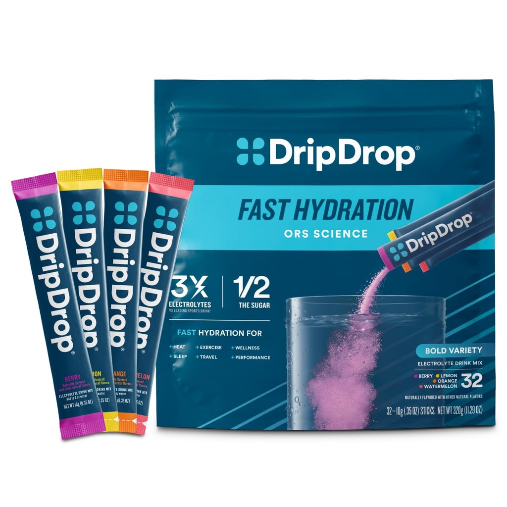 DripDrop Hydration Packets - Bold Variety Pack - Single Serve Electrolytes Powder Drink Mix - Watermelon, Berry, sitruuna, appelsiini - ei-GMO, Gluteeniton, Vegan - 32 Sticks