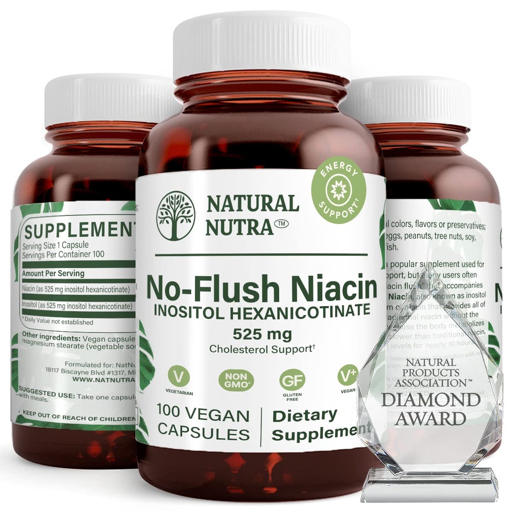 Natural Nutra Ei flush Niacin, B3-vitamiini täydentää, auttaa parantamaan sydän- ja verisuonitautien terveyttä, auttaa parantamaan ihon teksturointia, edistää parempaa aivojen toimintaa, auttaa lisäämään energiatasoa 525 mg, 100 kapselia