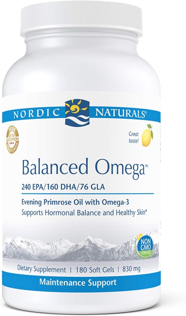 Nordic Naturals Pro Balanced Omega - Fish Oil and Evening Primrose Oil, 240 mg EPA, 160 mg DHA, 76 mg GLA, tukee hormonitasapaino ja terve iho*, 180 pehmeää geeliä