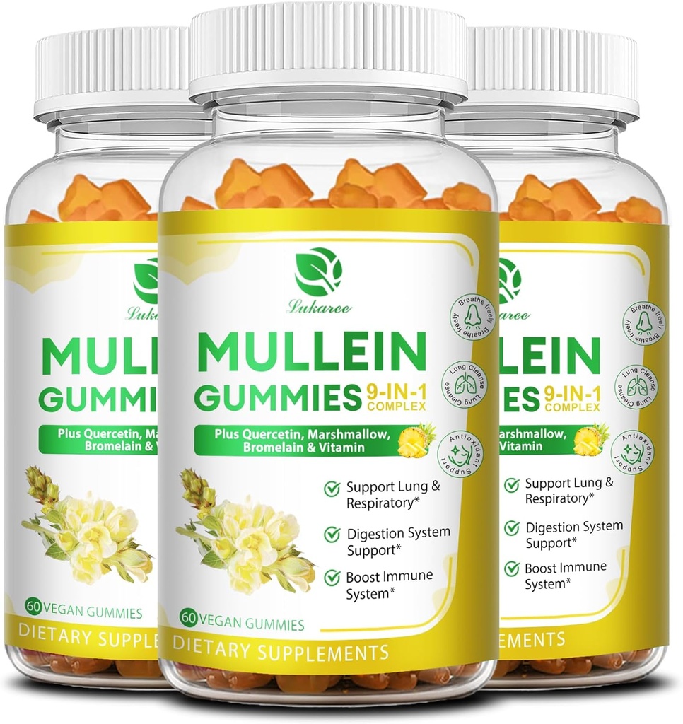(3 pakkaus) 9 in 1 Mullein Gummies for Lung Cleanse & Detox, Extra Strength Millein Leaf Extract w/ Quercetin, bromeliini, Elderberry & Marshmallow for respiratory, Immunomy & Digestive, Vegan 180 Count