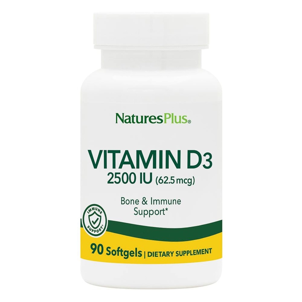 NaturesPlus D3-vitamiini (Kolekalsiferoli) - 2500 iu, 90 Softgels - Bone Health, Heart Health & Immunosystem Support Supplement, Biosable Active Form - Gluteeniton - 90 tarjoilua