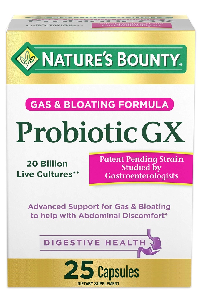 Naturens Bounty Probiotic GX, hjälper till med yrkesgas och uppblåsthet, kosttillskott, matsmältningshälsa, 25 kapslar