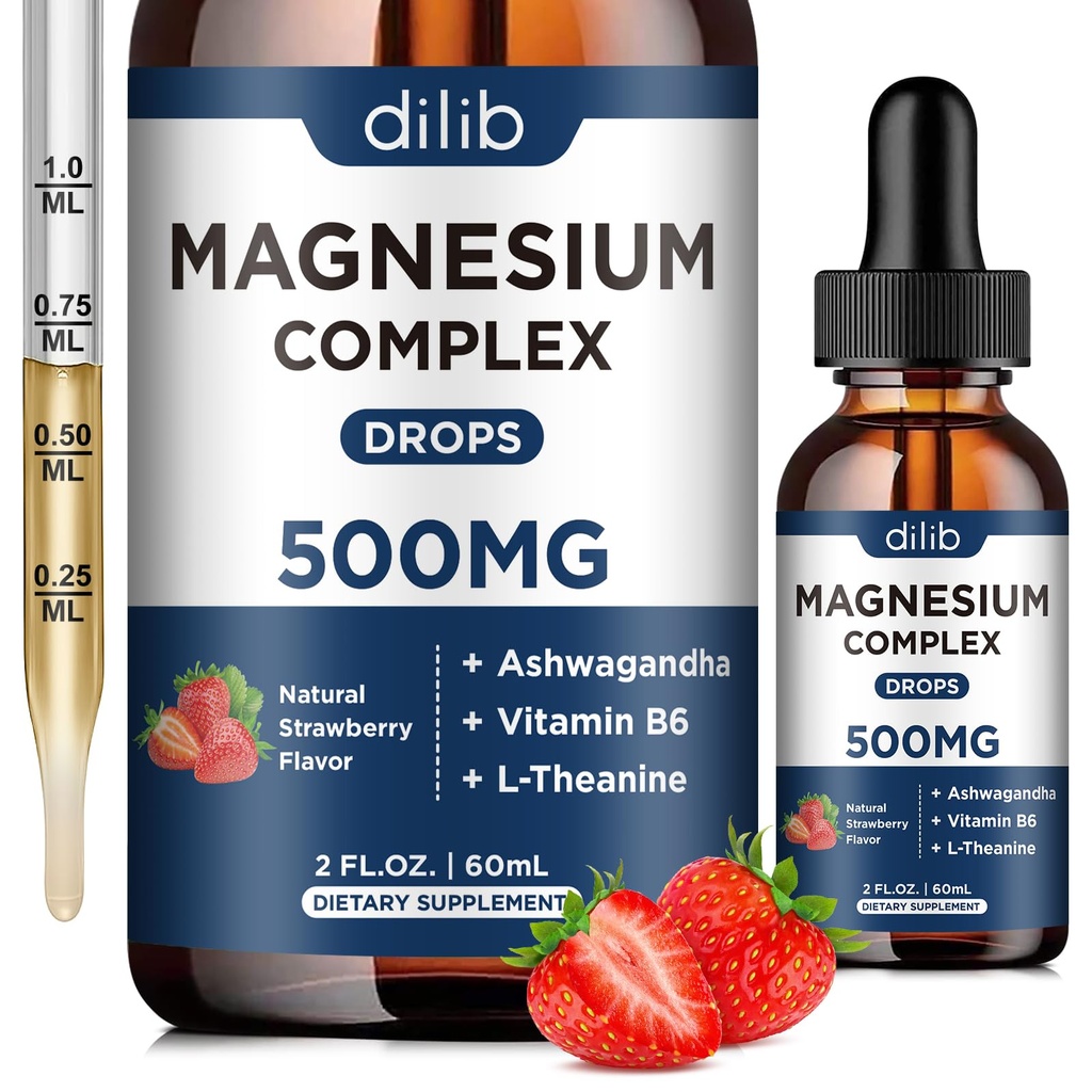 Triple Magnesium Complex Supplement-Magnesium Glycinate, Citrate, Malate Liquid Drops 500mg med Ashwagandha, L-Theanine, Vitamin B6 för Stress Relief, Sleep, Muscle Support-Strawberry Flavor