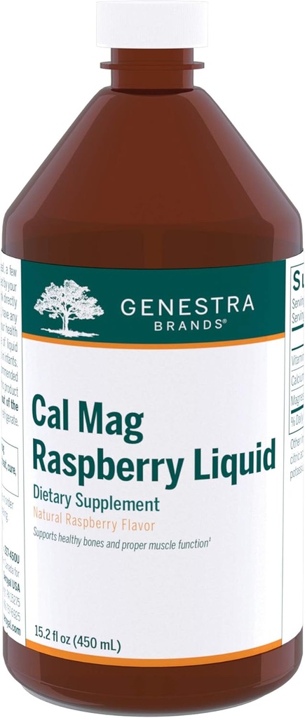 Genestra Brands Cal Mag Raspberry Liquid | Calcium och Magnesium Citrate Formel med vitamin D | 15,2 fl. oz.