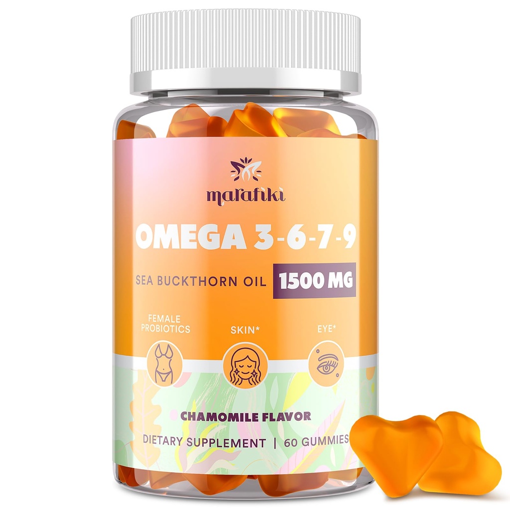 Omega 3 6 7 9 Gummies for Women - Omega 3 täydentää Sea Buckthorn Oil, Pellavaöljy, Vitamiinit E, A & Probiootit - iho, silmät & kuivuus, kamomilla maku - 60 Gummy