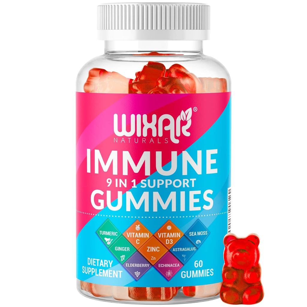 9 in 1 Immuuneja Gummies kanssa Elderberry, C-vitamiinia, Sinkki, Turmeeric, Inkivääri, Echinacea, Astragalus & Sea Moss for Immuniteetti täydentää - 60 Gummies