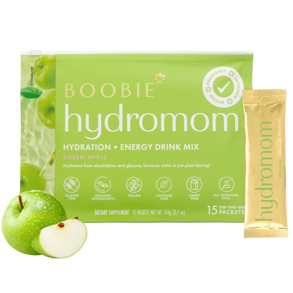 Boobie Hydromom Superfood Electrolyte Drink Mix, Green Apple | Uppfriskande Energi & Hydration Boost för Mamas | On-The-Go & Travel Essentials för Graviditet, Laktation och Utöver, 15 Packets
