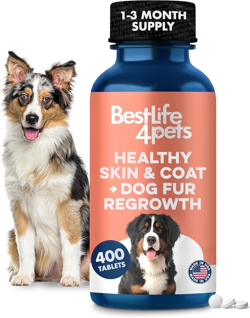 Natural Skin & Coat Supplement för hundar, stor och liten, hund Anti Itch Relief för torr hud, Rash, allergi eller irritation, minskar Shedding, Dandruff och stöder hundhårtillväxt, 400 små piller