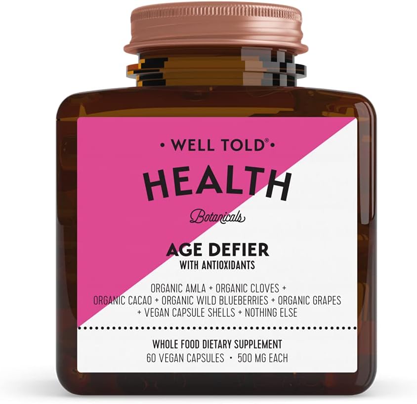 Well Told Anti-Aging Skin Support Supplement Health Age Defier med Organic Amla, Cacao och Resveratrol från organiska druvor - Non-GMO + Vegan (60 kapslar)