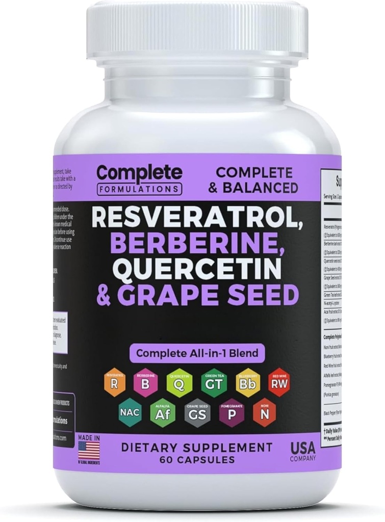 Resveratrol täydentää Quercetin, berberiini, viinirypäleen siemenuute & polyfenoli sekoitus ihon terveys, immuuni tuki & antioksidantti Boost
