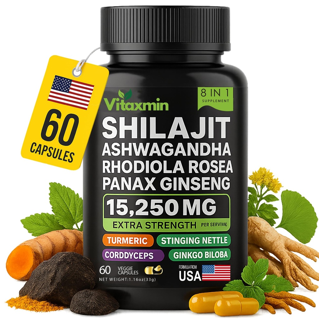 Shilajit ja Ashwagandha-kapselit, 8-in-1 kasviperäinen monivitamiini miehille ja naisille, Rhodiola Rosea, Ginseng ja Stinging Nettle, Shilajit miehille ja naisille