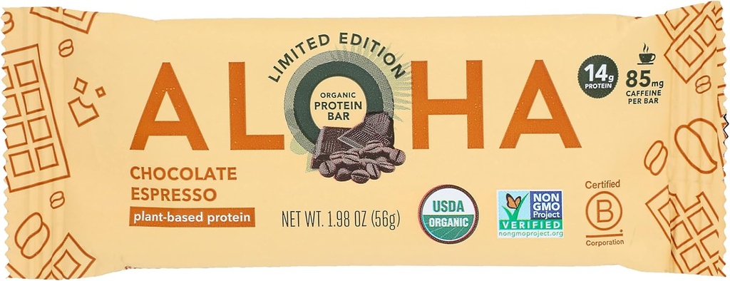 Aloha Organic Chocolate Espresso Protein Bars, 14g Plant-Based Protein, 85mg Koffein, USDA Certified Organic, Gluten Free & Non-GMO, 1,98 Oz (Pack av 12)