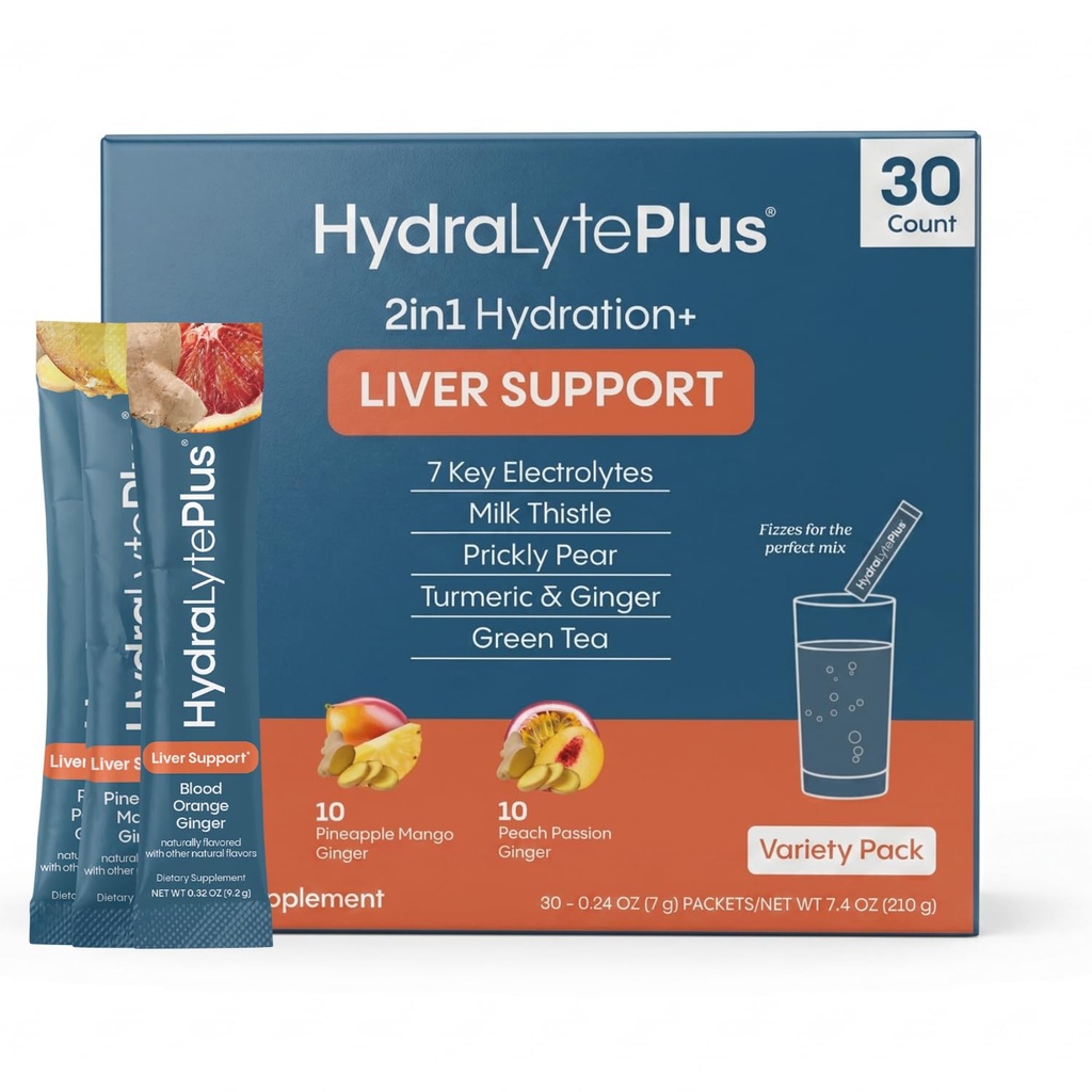 Hydralyte Liver Support + Electrolyte Mix maito Thistle, Turmeeric, Inkivääri, Prickly Pear, Vihreä teeuute Formuloitu nopea nesteytys (Variety Flavor, 30 Packets)