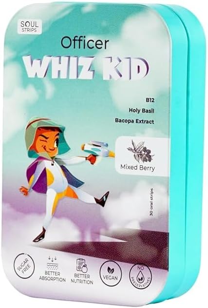 Soul Strips Officer Whiz Kid - Bacopa & Holy Basil for Enhanced Brain Function B12, Mixed Berry Flavor, Zero Sugar, Vegan, 30 Strips Pack