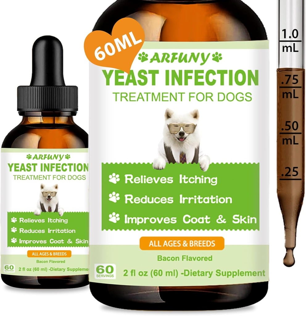 Natural Yeast Infection Behandling för hundar | 60ML Stöder Hälsosam Itch Relief | Dog Yeast Ear Infection Behandling | Dog Inflammation Relief, Allergy Relief & Skin Itch Relief | 2 fl oz, Bacon Flavor