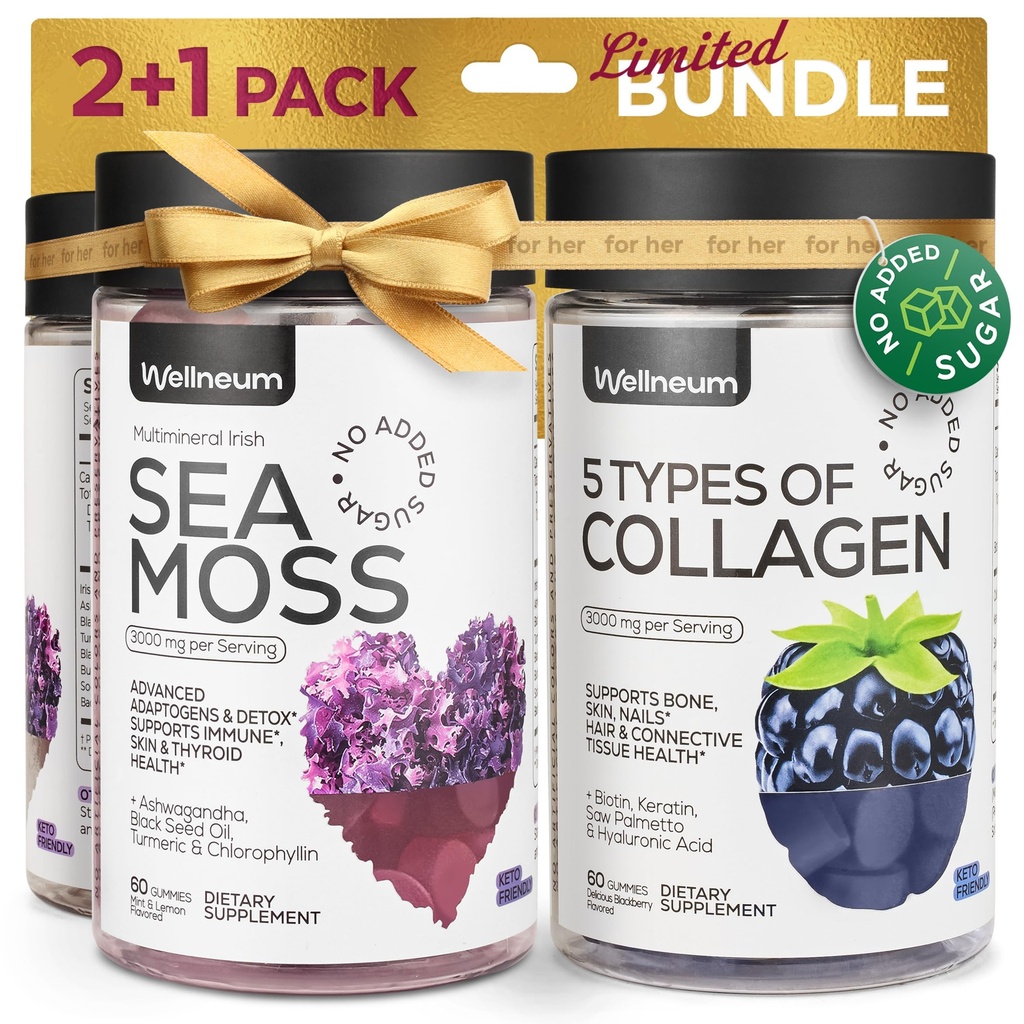 Collagen and Sea Moss Gummies Bundle - Collagen Peptides, Irish Sea Moss, Biotin, Keratin, Blackderwrack - Gummy Supplement for Immuniteetti, Detox, Terve hiukset, iho ja kynnet - miesten ja naisten