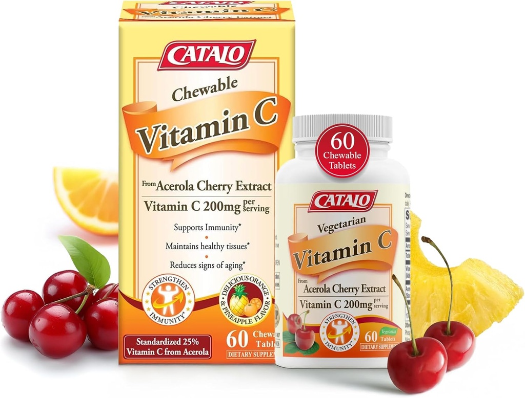 CATALO C-vitamiini Formula - Acerola Cherry Extract, 200 mg C-vitamiinia per tarjoilu, ihon nuorentaminen, Collagen tuotanto, herkullinen Orange & Ananas maku, 60 purutablettia