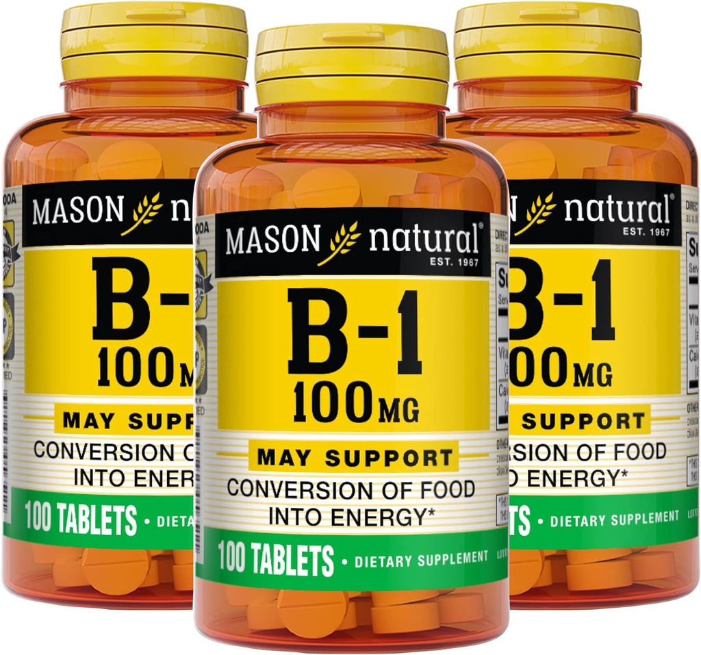 Mason Natural Vitamin B1 (Thiamin) 100 mg, Hälsosam omvandling av mat till energi, stöder Nerve och immunhälsa, 100 tabletter (Pack of 3)