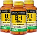 Mason Natural Vitamin B1 (Thiamin) 100 mg, Hälsosam omvandling av mat till energi, stöder Nerve och immunhälsa, 100 tabletter (Pack of 3)
