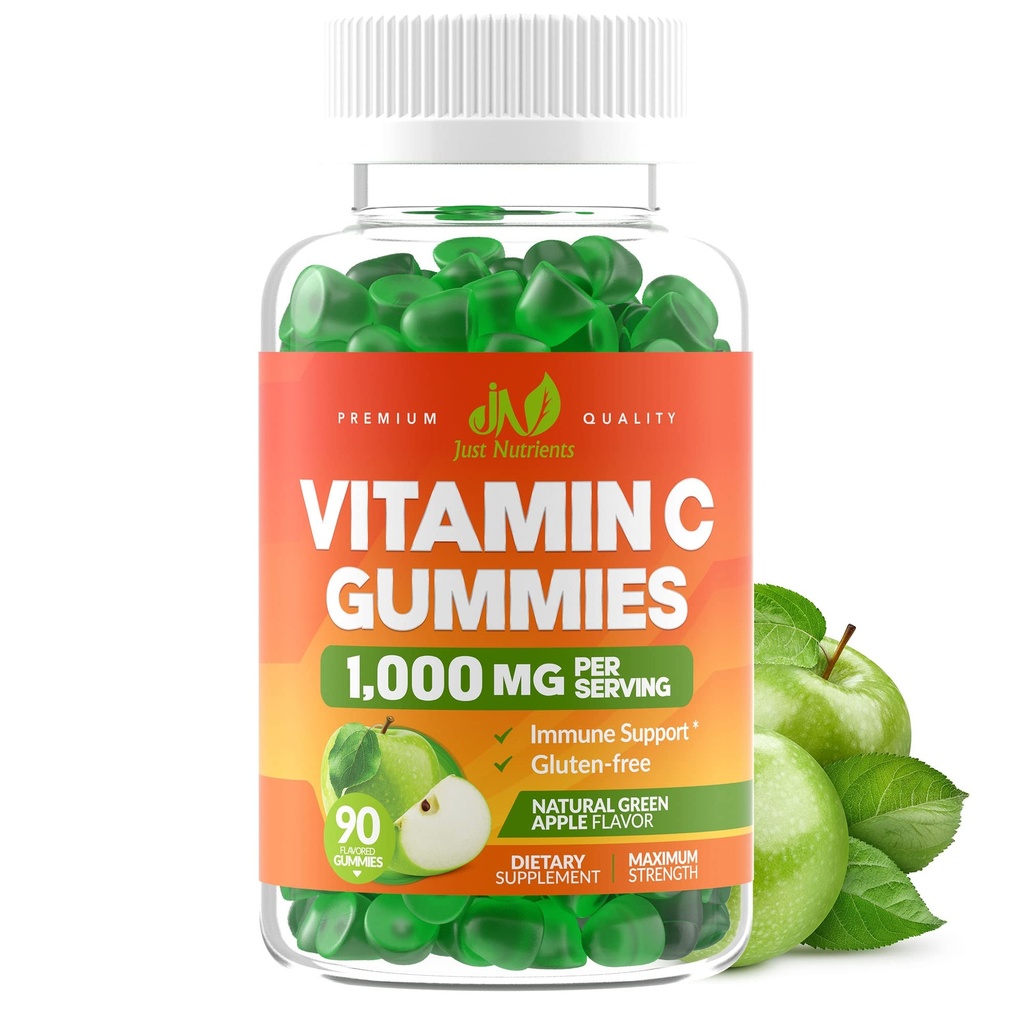 C-vitamiini Gummies 1000 mg aikuisille ja lapsille - Maximum Strength pureskeltava Immuuni tuki, kollageeni tuki - hapan vihreä omena maku - gluteeniton, ei-GMO, kasvissyöjä - 90 Gummies (30 tarjoilua)