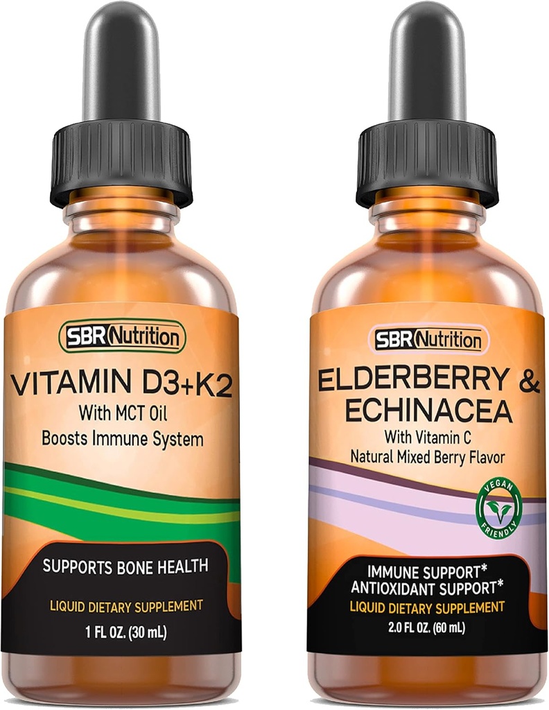 SBR Nutrition D3+K2 ja Elderberry Bundle-vitamiini D3K2 (MK7) nestemäiset tihkurat, piparminttu,1oz,1oz.