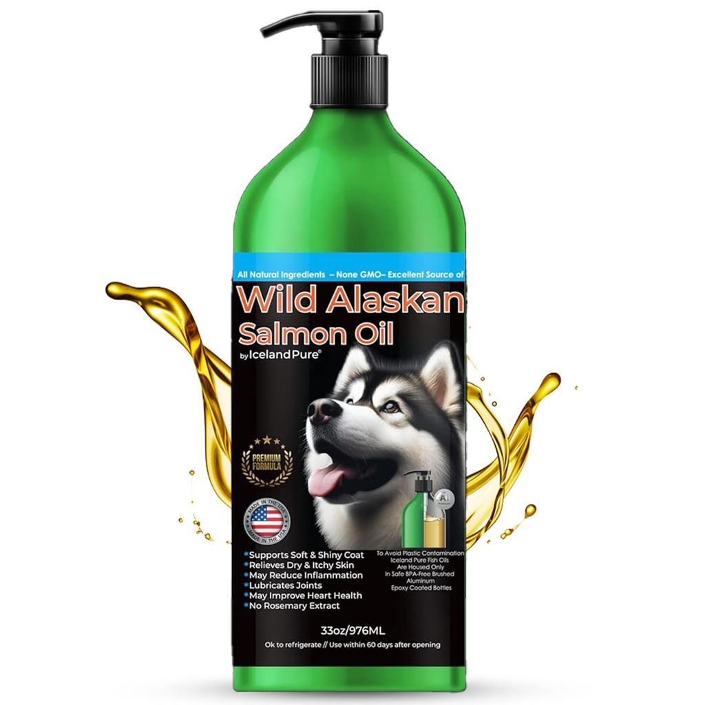 Iceland Pure Wild Alaskan Salmon Oil for Dogs & Cats, Omega-3 Fish Oil, Liquid Supplement for Lemmikkieläimet, Tukee Immuunijärjestelmä & Heart Health, 33oz