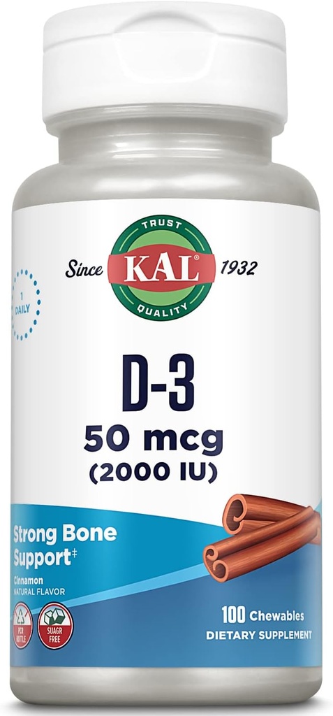 KAL Vitamin D3 Chewables 50 mcg, vitamin D 2000 IE som Cholecalciferol, Sugar Free, Natural Cinnamon Flavor D3 Vitamin, Immune Support & Bone Health, 100 Servings, 100 Chewables