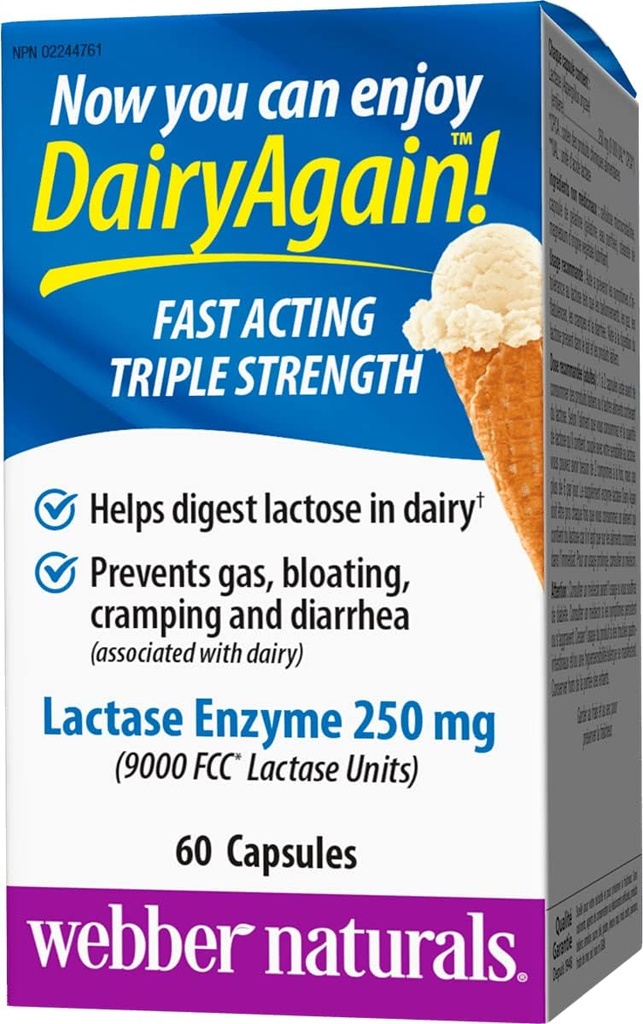 Webber Naturals Dairy jälleen 250 mg Laktaasi Enzyme Triple Strength, 60 kapselia