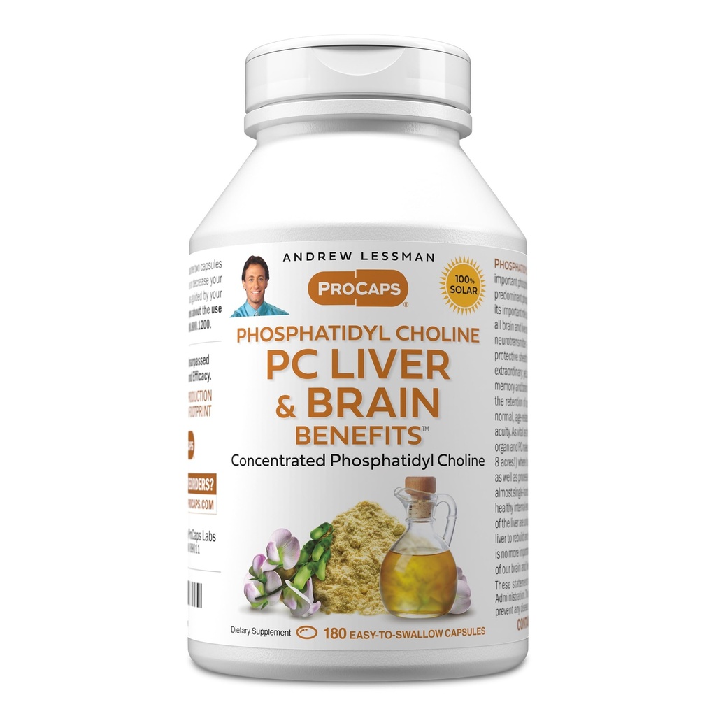 ANDREW LESSMAN PC Liver och hjärnfördelar 180 Softgels - Phosphatidyl Choline, viktigaste byggblock för hälsosam lever och hjärnstruktur, funktion. Inga tillsatser. Lätt att svälja mjukglar