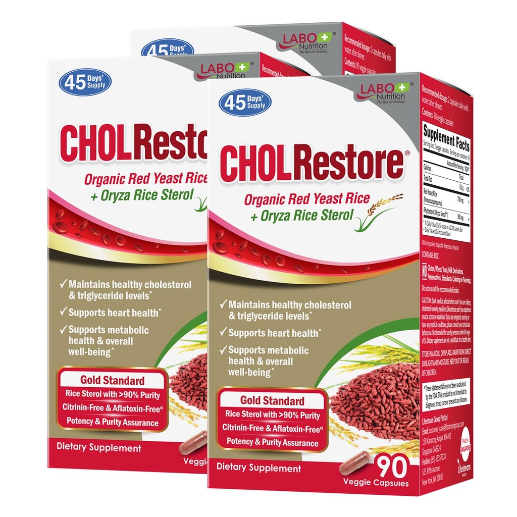 LABO Nutrition CHOLORestore ... Punainen riisi fytosterolilla Terveys täydentää, tukee terveitä kolesterolitasoja, Citrin & Aflatoksiinittomia, 90 kasviskapselia 3x3