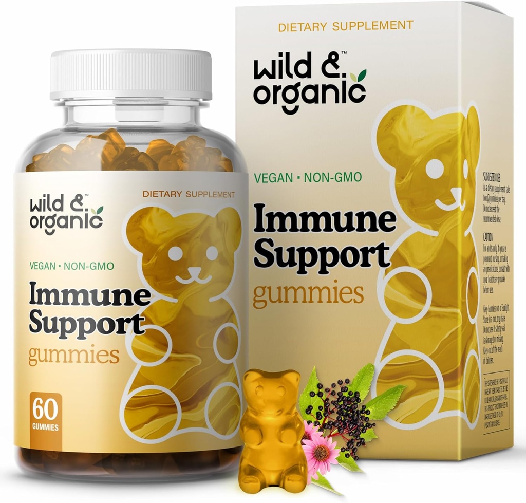 Wild & Organic Immune Support Gummies - Elderberry 1000 mg & C-vitamiini 500 mg - Natural Immune Support Supplement - Vegan Immuniteetti Gummies C-vitamiini D Sinkki - 60