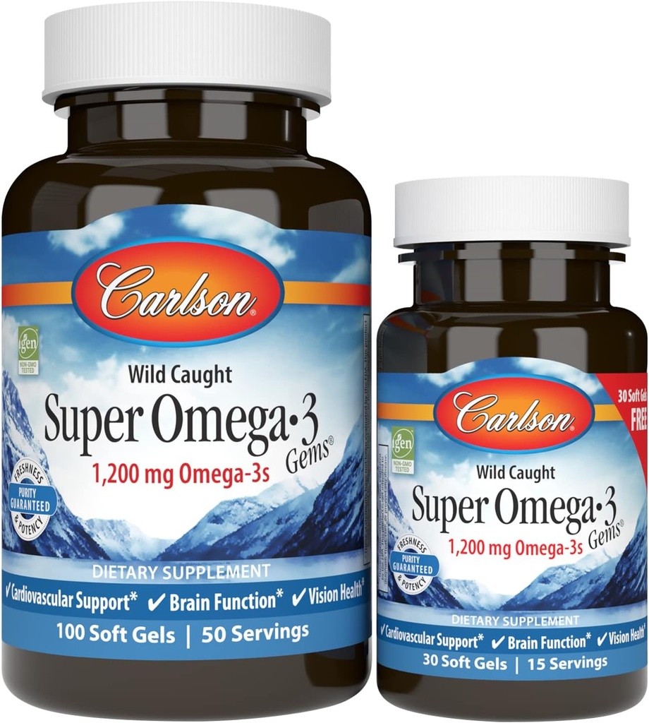 Carlson - Super Omega-3 Gems, 1200 mg Omega-3 Fatty Acids med EPA och DHA, Wild-Caught Norwegian Fish Oil Omega 3 Supplement, Sustainably Sourced Omega 3 Fish Oil, 100+30 Softgels