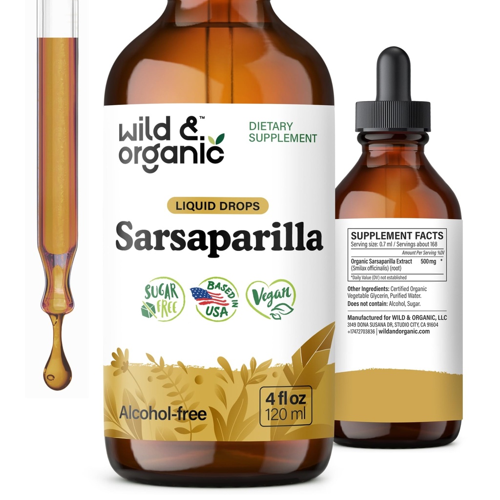Wild & Organic Sarsaparilla Root Tincture - kokonaistuki - Sarsaparilla Extract täydennysosa - Vegaani, sokeri & alkoholiton neste tippuu - 4 fl oz