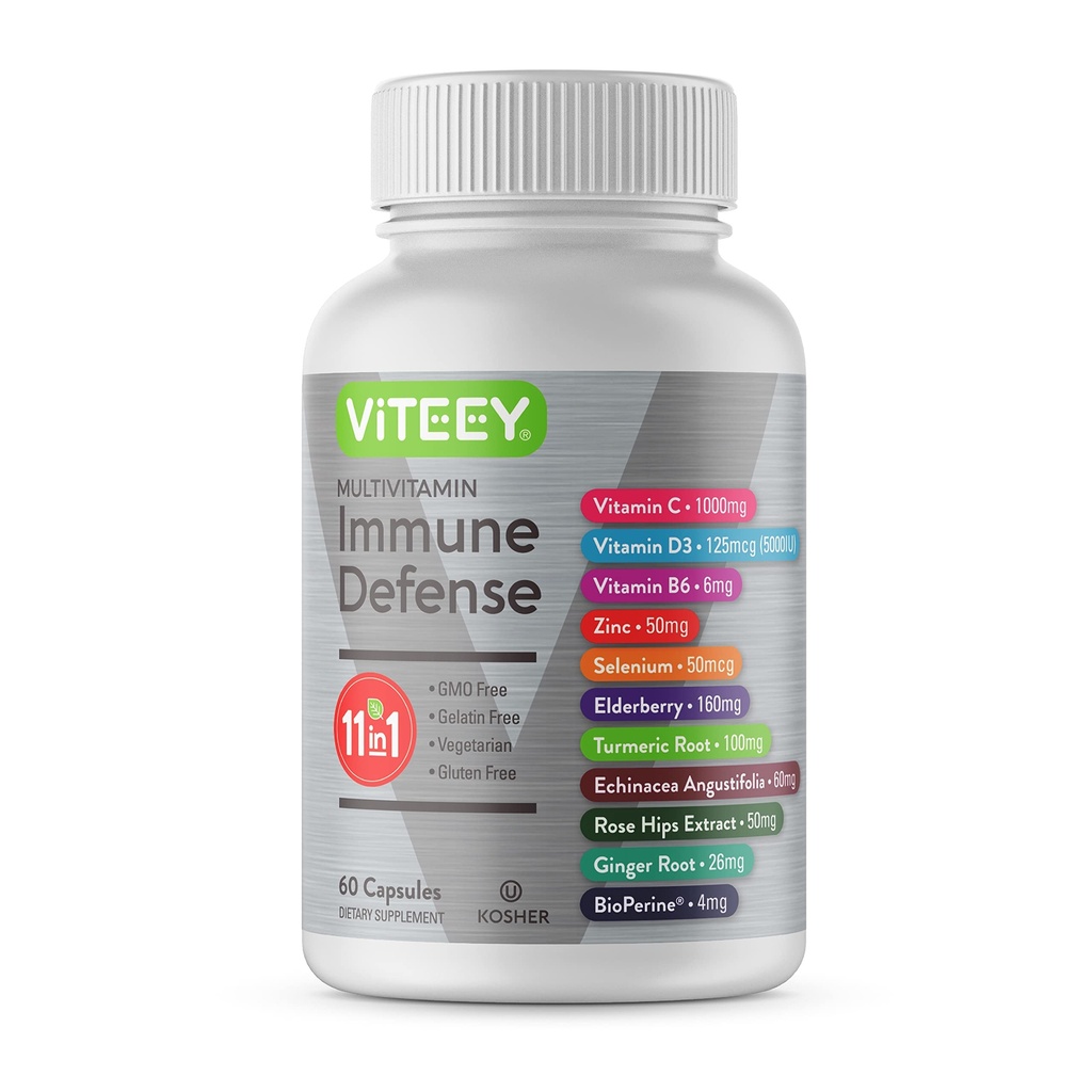 Vitey 11 in 1 Immunosupport Supplement - Immuuni puolustus D3-vitamiini, B6, Echinacea, Turmeric, Rose-HIPS, Selenium, BioPerine, Inkivääri, Elderberry C-vitamiini ja sinkki - 60 Count