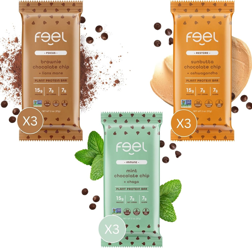 Känn Vegan Protein Bars | Chocolate Lovers | Keto | Gluten Free | Organic | Lions Mane | Chaga | Ashwagandha | 15g Protein | Low Sugar | Non GMO | Sunbutta + Brownie + Mint - 9 Pack