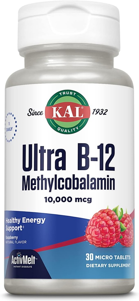 KAL Ultra B12 Methylcobalamin 10.000mcg, High Potency Vitamin B-12 för hälsosam energi, Metabolism, Nerve, Red Blood Cell Support, * Naturlig Raspberry Flavor, Vegetarian, 30 Micro Tablets, 30 portioner