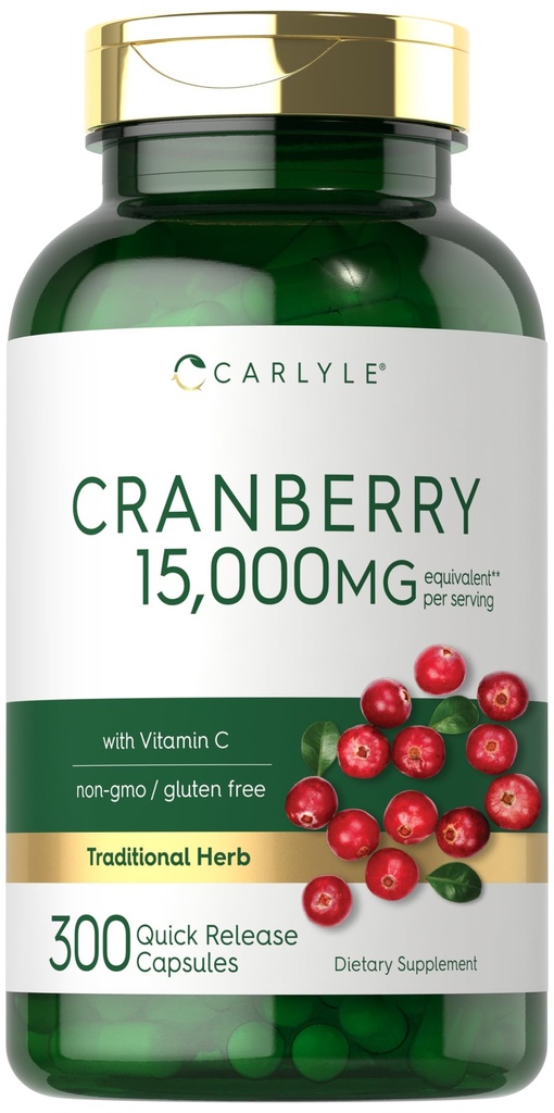 Carlyle Cranberry Pills 15000mg | 300 kapslar | Herb Extract Supplement | för kvinnor och män | med vitamin C | Non-GMO & Gluten Free