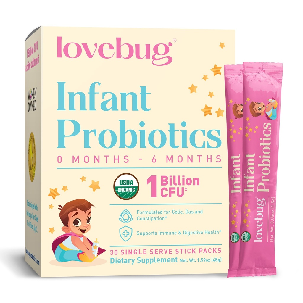 LOVEBUG Imeväisprobiootit 0-6 kuukautta - USDA Organic Probiootit vauvoille, tukee vauvan kaasu, Colic, ripuli ja vastasyntynyt Ummetus Relief, Allergen & Sugar Free, Makuton jauhe, 30 pakkaus