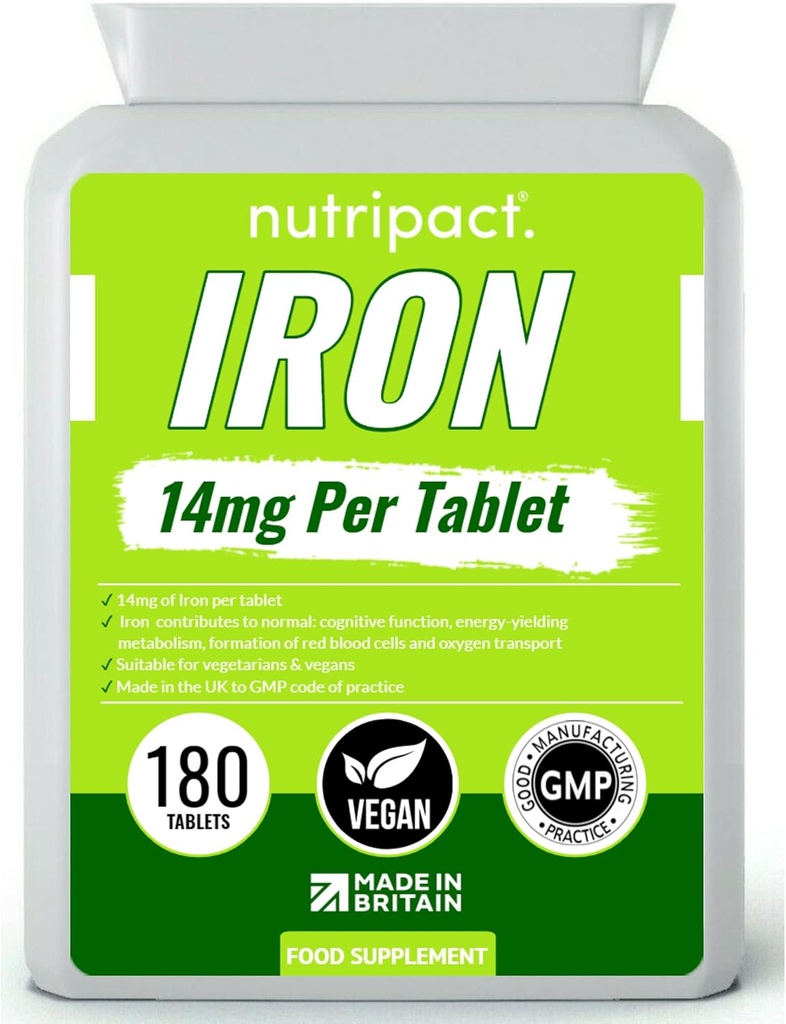 Järn tabletter 14mg - Lätt att svälja en-dag Formel - Hjälper till att minska trötthet och trötthet, energibooster, stöder immunsystem, bildning av röda blodceller - 6 månaders leverans - 180 Vegan Supplement