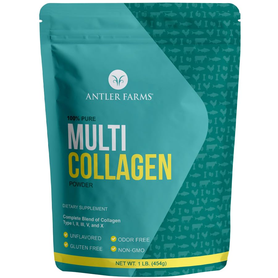 Antler Farms - Multi Collagen Protein Powder - 5 Tyypit (I, II, III, V, ja X) 100% Pure Hydrolyzed Collagen Peptides for Miehet ja naiset - Biosablet, Nopea Imeytyminen - Mautonta - 1 lb