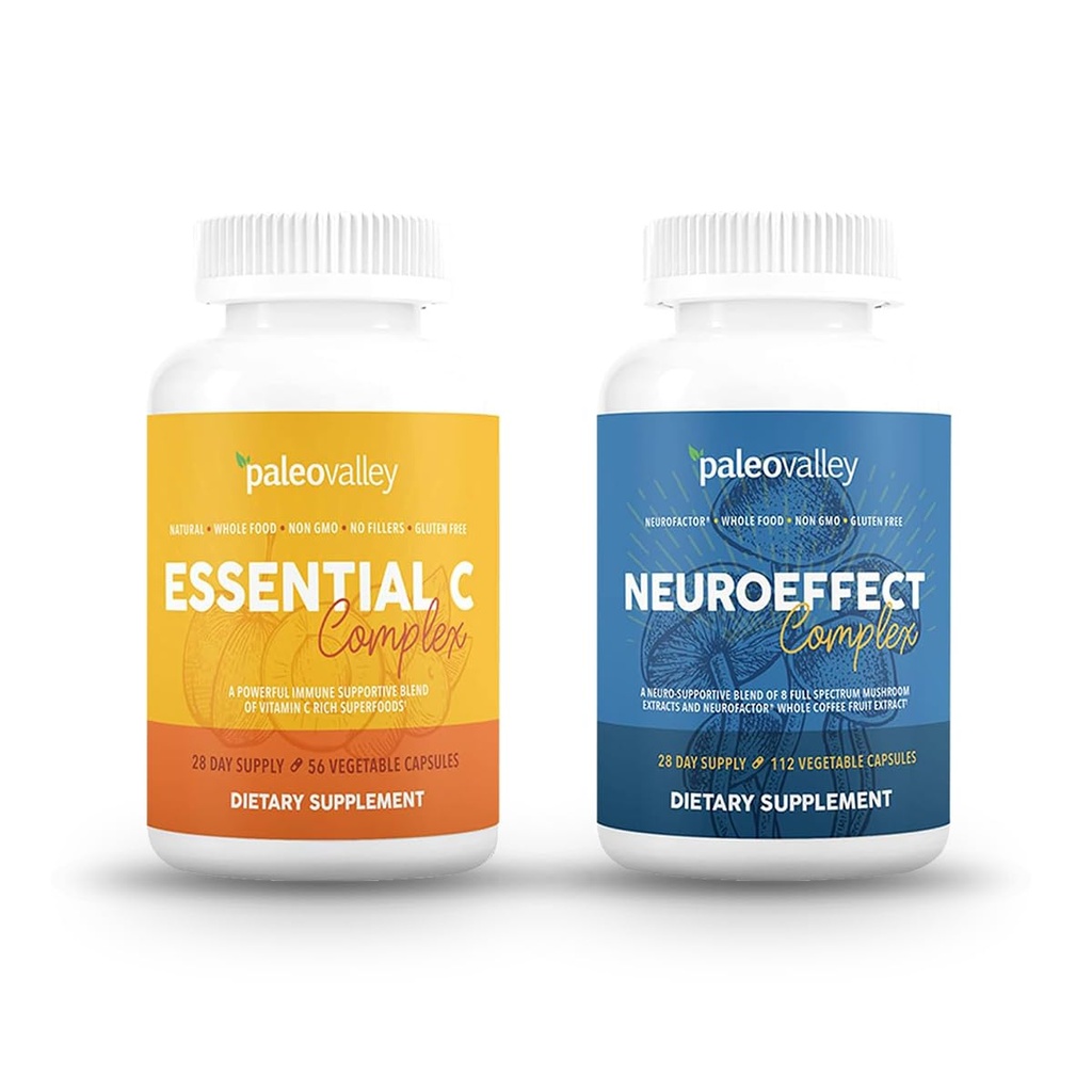 Paleovalley NeuroEffect + Essential C Complex Bundle - Neuro Mushroom Coffee Extract, C-vitamiini täydentää 450g Focus, Muisti, Energia, Immuunituki, Organic Superfoods