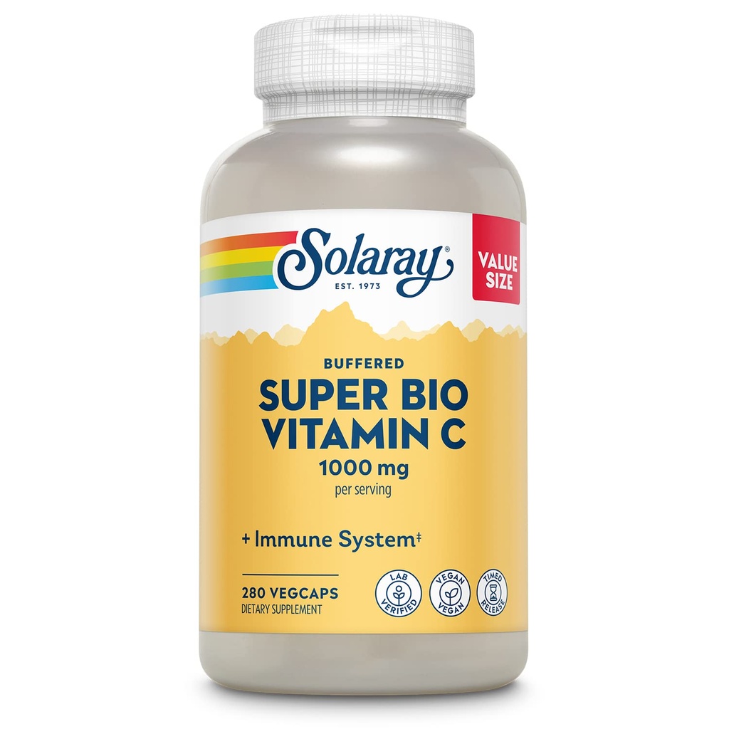 Solaray Super Bio puskuroitu C-vitamiini 1000 mg, Kaksivaiheinen, ajoitettu vapauttaa C-vitamiinia Bioflavonoidit, Immuunituki täydentää - korkea imeytyminen, Vegan, 60 päivän takuu, 180 tarjoilua, 360 VegCaps 140