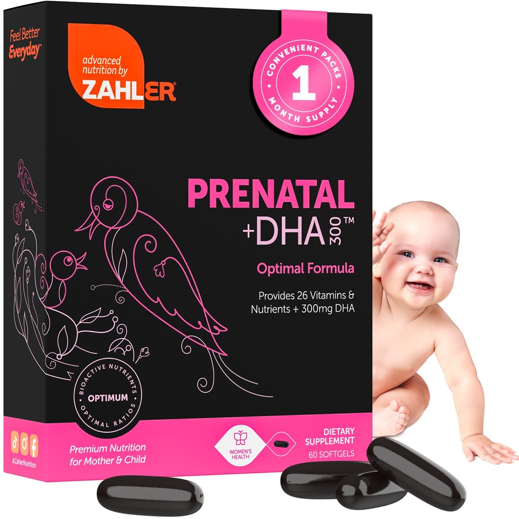 Zahler Prenatal Vitamin med DHA & Folate - DHA Supplements & Prenatal Multivitamin för mor och barn - Kosher Prenatal DHA Prenatal Vitaminer med järn, Pre Natal Softgels 60 Count