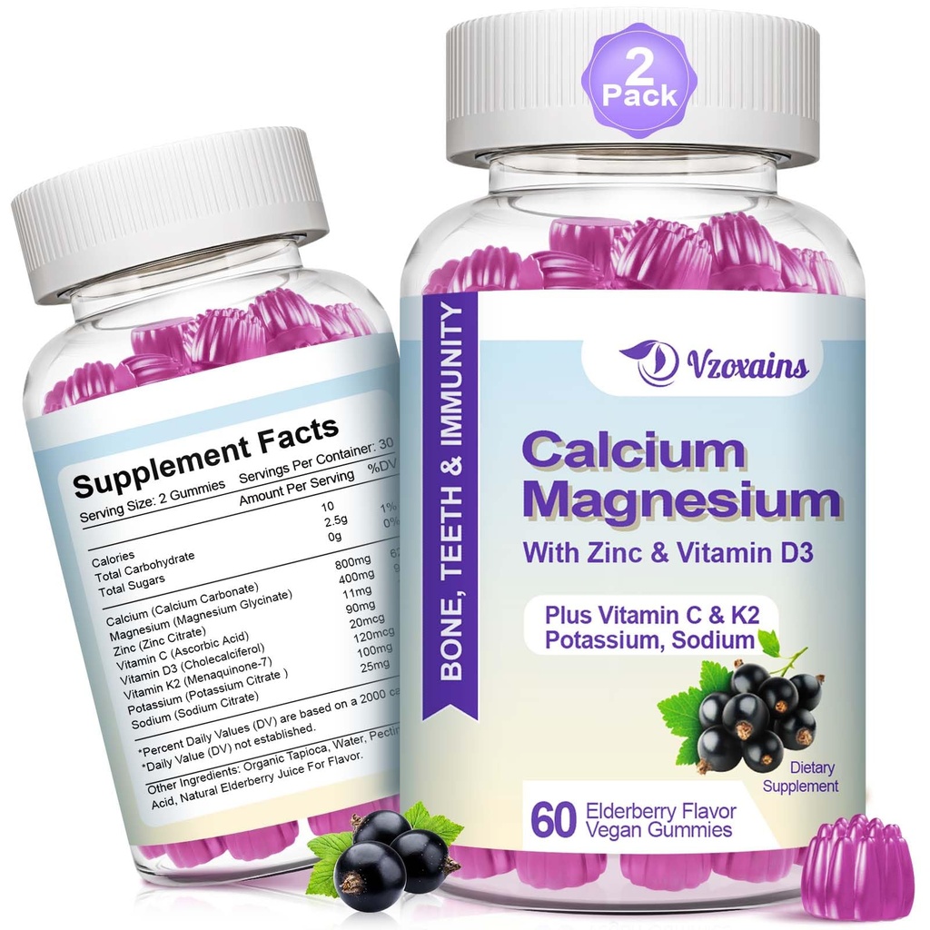 Korkea Imeytyminen Kalsium Gummies, sokeriton kalsium Magnesiumlisä, jossa on kalium- D3- vitamiinia B0ne & Hampaiden vahvuus, lihasfunktio - Vegaani, Elderberry maku 120 Ct