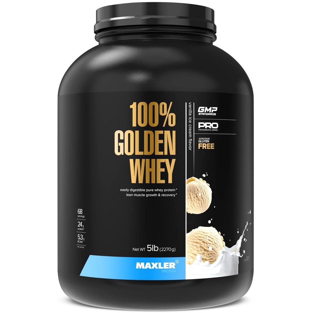Maxler 100% Golden Whey Protein - 24g proteiinia per Tarjoilu - Premium Whey Protein Powder for Pre Post Treout - Fast-Absorbing Whey Concentral, Isolate & Hydrolysate Blend - Vanilla Ice Cream 5 lb