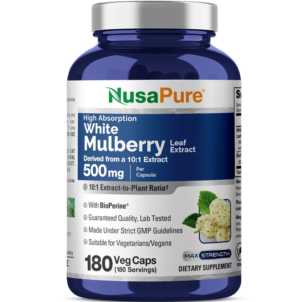 NusaPure White Mulberry Leaf Extract 10:1 Extract, 500 mg Equivalent till 5000mg 180 Veg Caps (Vegan, Non GMO Bioperine)