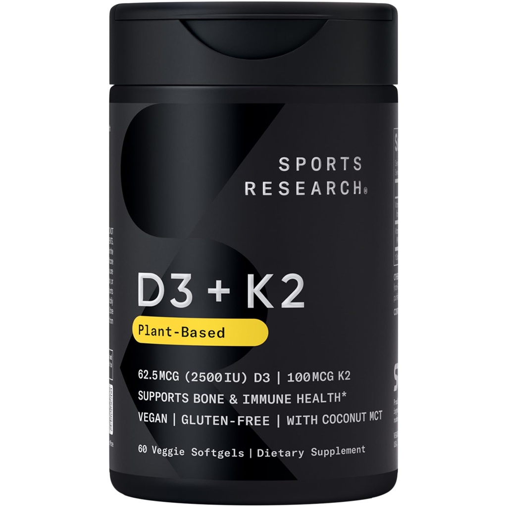 Sports Research® D3-vitamiini + K2 w/kookosöljy - Vegaani D 2500iu (62,5 mcg) & Mk7-vitamiini K 100 mcg Bone & Immunotuki - Vegan Certified · Ei-GMO · Soy Free - 60 Softgels