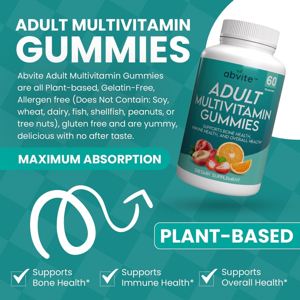 Plantbaserade multivitamin gummies, dagliga multivitaminer för män och kvinnor med vitamin A, C, D, E, B-3, B-6, B-12, Biotin, inositol, icke-GMO, Gluten Free, 60 greve (30 dagar leverans)